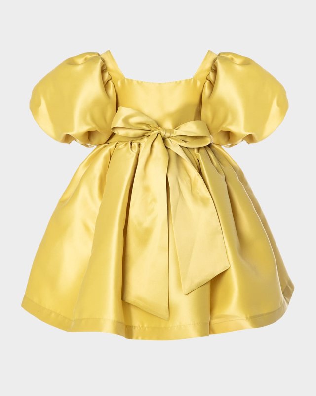 Girl's Balloon-Sleeve Bow Belted Dress, Size 3T-12